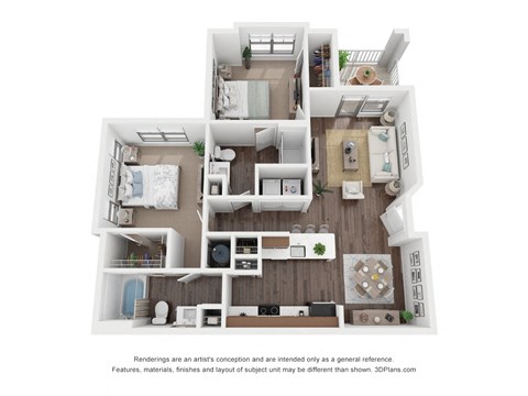 Floor plan for 2 beds, 2 baths, 1031 sqft